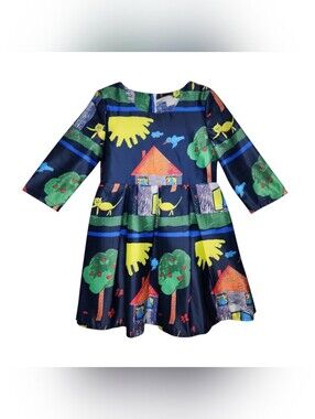 Navy Dress With School House Drawing Print Girls Sz 6 Picture Day School